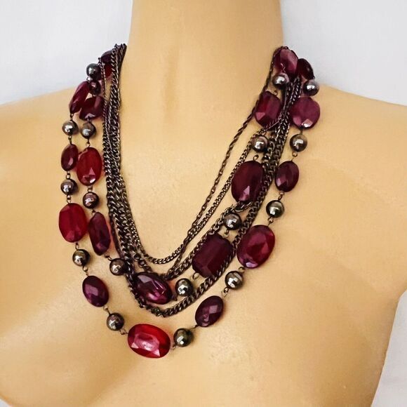 Vintage Jewelry - Layered Necklace Wine Red Faceted Beads Gunmetal Tone Multi Strand PRETTY 4047